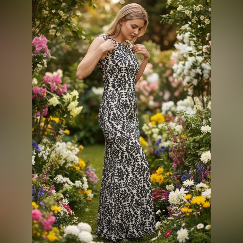 Chelsea & Violet Czarina Maryshka Romantic Vintage Maxi Dress Ivory Black